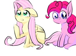 Size: 428x316 | Tagged: safe, artist:yukkuri_yu_yu, imported from derpibooru, fluttershy, pinkie pie, earth pony, pegasus, pony, duo, female, looking at you, looking up, mare, raised hoof, simple background, sitting, white background, wings