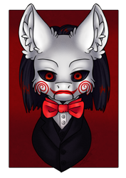 Size: 1024x1449 | Tagged: safe, artist:maneblue, imported from derpibooru, earth pony, pony, bowtie, bust, clothes, ear fluff, jigsaw, ponified, saw (movie), simple background, solo, transparent background
