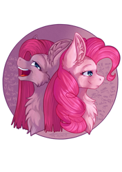 Size: 1024x1449 | Tagged: safe, artist:maneblue, imported from derpibooru, pinkie pie, earth pony, pony, bust, chest fluff, duality, duo, ear fluff, female, laughing, mare, pinkamena diane pie, simple background, smiling, smirk, transparent background
