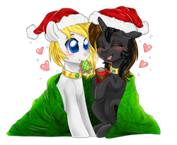 Size: 3316x2722 | Tagged: safe, artist:kaikururu, imported from derpibooru, oc, oc only, earth pony, pony, unicorn, blanket, blushing, chocolate, christmas, commission, cookie, earth pony oc, food, hat, heart, holiday, horn, hot chocolate, jewelry, mug, necklace, oc x oc, open mouth, santa hat, shipping, simple background, smiling, transparent background, unicorn oc, ych result