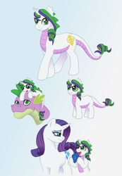 Size: 632x914 | Tagged: safe, artist:merrypaws, imported from derpibooru, rarity, spike, oc, oc:filigree, dracony, dragon, hybrid, pony, unicorn, female, gem, gradient background, interspecies offspring, male, offspring, older, older spike, parent:rarity, parent:spike, parents:sparity, shipping, sparity, straight