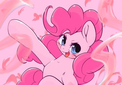 Size: 2048x1430 | Tagged: safe, artist:kurogewapony, imported from derpibooru, pinkie pie, earth pony, pony, abstract background, blushing, cute, diapinkes, female, looking at you, mare, open mouth, open smile, pink background, simple background, smiling, smirk, solo