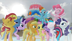 Size: 1366x768 | Tagged: safe, artist:dracoecpilse, imported from derpibooru, applejack, fluttershy, pinkie pie, rainbow dash, rarity, starlight glimmer, sunset shimmer, trixie, twilight sparkle, oc, oc:solar eclipse, alicorn, earth pony, pegasus, unicorn, 3d, cerberus pony, gmod, mane six, multiple heads, three heads, two heads