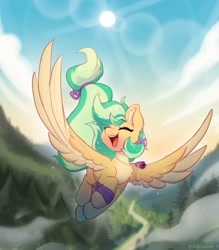 Size: 2809x3204 | Tagged: safe, artist:oofycolorful, imported from derpibooru, oc, oc only, oc:summer ray, pegasus, pony, commission, eyes closed, female, flying, forest, happy, lens flare, mare, open mouth, open smile, river, scenery, smiling, solo, water