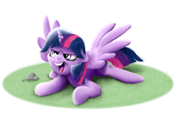 Size: 1978x1298 | Tagged: safe, artist:doodledonutart, imported from derpibooru, twilight sparkle, alicorn, pony, female, floppy ears, grass, hooves, horn, lying down, mare, open mouth, prone, simple background, solo, spread wings, twilight sparkle (alicorn), white background, wings