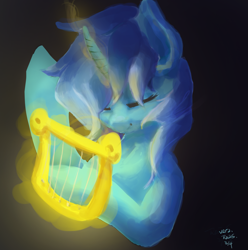 Size: 2139x2160 | Tagged: safe, artist:rainsketch, imported from derpibooru, lyra heartstrings, pony, unicorn, black background, bust, dark background, eyes closed, female, glowing, glowing horn, horn, lyre, magic, magic aura, mare, musical instrument, playing instrument, portrait, simple background, solo