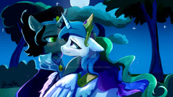 Size: 1280x720 | Tagged: safe, artist:brella, idw, imported from derpibooru, king sombra, princess celestia, alicorn, pony, unicorn, alternate universe, celestibra, female, good king sombra, horn, male, mare, mirror universe, mirror world, shipping, stallion, straight, wings