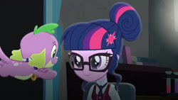 Size: 3410x1920 | Tagged: safe, imported from derpibooru, screencap, sci-twi, spike, spike the regular dog, twilight sparkle, dog, equestria girls, friendship games, butt, duo, female, glasses, high res, male, plot, smiling