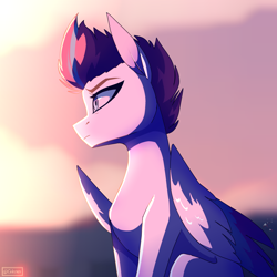 Size: 2400x2400 | Tagged: safe, artist:celes-969, imported from derpibooru, zipp storm, pegasus, pony, cloud, evening, female, g5, high res, looking away, mare, sitting, solo, sunset, wings