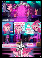 Size: 1275x1775 | Tagged: safe, artist:alcor, imported from derpibooru, pinkie pie, earth pony, pony, comic:double trouble (alcor), equestria girls, catsuit, comic, dialogue, duality, explicit source, female, human ponidox, mare, mirror portal, pinkie spy, ponk, self paradox, self ponidox, speech bubble
