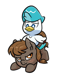 Size: 1000x1249 | Tagged: safe, artist:happy harvey, imported from derpibooru, oc, oc:rye bread, bird, duck, earth pony, pony, angry, blushing, butt freckles, crossover, ear fluff, ear freckles, female, filly, foal, freckles, hairband, looking down, looking up, phone drawing, pokemon scarlet and violet, pokémon, quaxly, simple background, sitting on person, sitting on pony, smug, transparent background