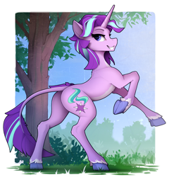 Size: 1520x1585 | Tagged: safe, artist:yakovlev-vad, imported from derpibooru, starlight glimmer, classical unicorn, pony, unicorn, alternate hairstyle, butt, cloven hooves, cute, glimmer glutes, glimmerbetes, grin, horn, lacrimal caruncle, leonine tail, lidded eyes, looking at you, looking back, looking back at you, nature, pale belly, plot, raised hoof, rearing, slim, smiling, smug, solo, tail, thin, tree, unshorn fetlocks