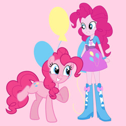 Size: 1280x1280 | Tagged: safe, artist:estories, artist:illumnious, artist:media1997, imported from derpibooru, pinkie pie, earth pony, pony, equestria girls, boots, cutie mark background, female, high heel boots, human ponidox, mare, pink background, self paradox, self ponidox, shoes, simple background