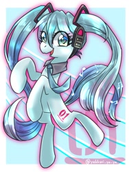 Size: 768x1024 | Tagged: safe, artist:yukkuri_yu_yu, imported from derpibooru, kotobukiya, earth pony, pony, anime, bipedal, eye clipping through hair, female, hatsune miku, headphones, kotobukiya hatsune miku pony, looking at you, mare, necktie, ponified, solo, vocaloid