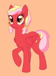 Size: 572x768 | Tagged: safe, artist:happyhippoadopts, imported from derpibooru, oc, oc only, pegasus, pony, base used, cute, female, filly, foal, folded wings, freckles, looking up, multicolored hair, ocbetes, offspring, orange background, parent:big macintosh, parent:fluttershy, parents:fluttermac, pegasus oc, pigtails, raised hoof, simple background, smiling, solo, wings