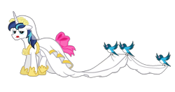 Size: 1316x696 | Tagged: safe, artist:swiftgaiathebrony, imported from derpibooru, shining armor, bird, pony, unicorn, clothes, crossdressing, dress, girly, lipstick, male, simple background, solo, stallion, transparent background, wedding dress, wedding veil