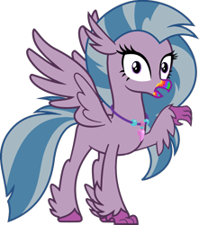 Size: 1397x1580 | Tagged: safe, artist:ponygamer2020, imported from derpibooru, silverstream, classical hippogriff, hippogriff, undead, zombie, 28 pranks later, beak, colored pupils, cookie zombie, female, fluffy, implied rainbow dash, jewelry, looking at you, necklace, quadrupedal, rainbow muzzle, raised arm, raised talon, simple background, solo, spread wings, standing, tail, talons, transparent background, vector, wings