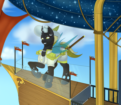 Size: 4724x4094 | Tagged: safe, artist:creed larsen, imported from derpibooru, oc, changeling, pony, airship, clothes, fangs, hat, horn, saber, sky, smiling, solo, stars, weapon, wings, yellow changeling