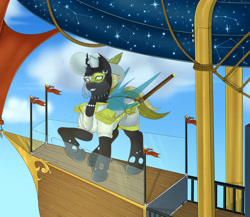 Size: 4724x4094 | Tagged: safe, artist:creed larsen, imported from derpibooru, oc, changeling, pony, airship, clothes, fangs, hat, horn, mask, saber, sky, smiling, solo, stars, weapon, wings, yellow changeling