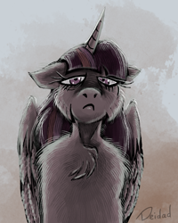 Size: 960x1200 | Tagged: safe, artist:deidad dissitum, imported from derpibooru, twilight sparkle, alicorn, pony, annoyed, cheek fluff, chest fluff, floppy ears, looking at you, solo, stressed, twilight sparkle (alicorn)