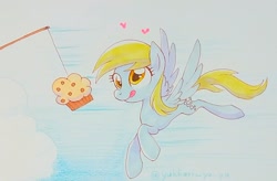 Size: 1936x1271 | Tagged: safe, artist:yukkuri_yu_yu, imported from derpibooru, derpy hooves, pegasus, pony, carrot on a stick, derp, emanata, eyes on the prize, female, flying, food, heart, mare, muffin, muffin on a stick, solo, spread wings, that pony sure does love muffins, tongue out, traditional art, wings