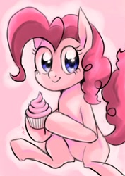Size: 565x800 | Tagged: safe, artist:yukkuri_yu_yu, imported from derpibooru, pinkie pie, earth pony, pony, bipedal, cupcake, cute, diapinkes, female, food, hoof hold, looking at you, mare, pink background, simple background, smiling, smiling at you, solo