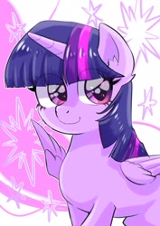 Size: 2507x3541 | Tagged: safe, artist:yukkuri_yu_yu, imported from derpibooru, twilight sparkle, alicorn, pony, cutie mark, cutie mark background, eye clipping through hair, female, looking at you, mare, smiling, smiling at you, solo, twilight sparkle (alicorn)