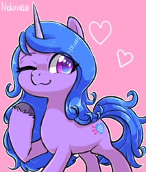 Size: 1024x1200 | Tagged: safe, artist:yukkuri_yu_yu, imported from derpibooru, izzy moonbow, pony, unicorn, :3, female, g5, heart, looking at you, mare, one eye closed, pink background, raised hoof, signature, simple background, smiling, smiling at you, solo, wink, winking at you