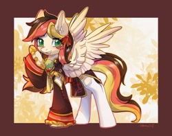 Size: 1933x1530 | Tagged: safe, artist:qamar, imported from derpibooru, oc, oc only, oc:anja snow, pegasus, pony, blushing, chinese dress, clothes, dress, female, hair ribbon, looking at you, mare, pegasus oc, smiling, smiling at you, socks, solo, spread wings, wings