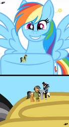 Size: 3000x5493 | Tagged: safe, artist:princessmoonsilver, imported from derpibooru, daring do, quibble pants, rainbow dash, oc, oc:checkerboard, earth pony, pegasus, pony, comic, excited, female, giant pony, giantess, macro, male, mare, smiling, stallion