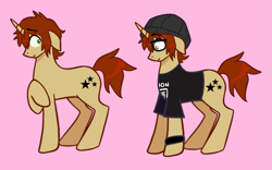 Size: 927x578 | Tagged: safe, artist:mxmx fw, imported from derpibooru, pony, unicorn, bracelet, brown hair, clothes, emo, glasses, green eyes, hat, i like trains, jewelry, lol, long pony, mikey way, my chemical romance, ponified, question mark, shirt, solo, stars, three cheers for sweet revenge, wtf