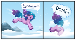 Size: 4237x2236 | Tagged: safe, artist:confetticakez, imported from derpibooru, izzy moonbow, pony, unicorn, 2 panel comic, behaving like a fox, comic, cute, dialogue, eyes closed, female, g5, horn, izzybetes, mare, onomatopoeia, open mouth, pomf, ponified animal photo, silly, silly pony, snow, solo, speech bubble, unshorn fetlocks