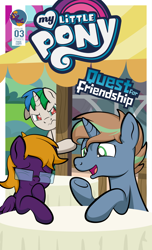 Size: 1920x3168 | Tagged: safe, artist:alexdti, imported from derpibooru, oc, oc only, oc:brainstorm (alexdti), oc:purple creativity, oc:star logic, pegasus, pony, unicorn, comic:quest for friendship, comic, eyes closed, female, glasses, high res, hoof over mouth, hooves, horn, jealous, looking at someone, male, mare, my little pony logo, one ear down, open mouth, open smile, pegasus oc, shading, smiling, stallion, two toned mane, underhoof, unicorn oc, wavy mouth
