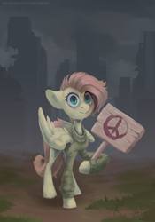 Size: 1918x2738 | Tagged: safe, artist:yarugreat, imported from derpibooru, fluttershy, pegasus, pony, alternate hairstyle, anti-war, clothes, comments locked down, current events, description is relevant, female, graveyard of comments, high res, hoof hold, looking at you, mare, outdoors, partially open wings, peace symbol, raised hoof, ruins, shocked, shocked expression, short hair, sign, solo, standing, sweater, sweatershy, terrified, three quarter view, wings, younger