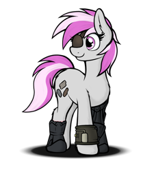Size: 1464x1749 | Tagged: safe, artist:aaathebap, imported from derpibooru, oc, oc:hired gun, oc:silver storm, earth pony, pony, fallout equestria, fallout equestria: heroes, cyber legs, eyepatch, fallout, fanfic art, female, mare, pipbuck, prosthetics, simple background, solo, standing, transparent background