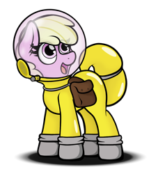 Size: 1024x1127 | Tagged: safe, artist:aaathebap, imported from derpibooru, oc, oc:puppysmiles, earth pony, pony, fallout equestria, fallout equestria: pink eyes, bag, fallout, fanfic art, female, filly, foal, happy, radiation suit, saddle bag, simple background, solo, standing, transparent background