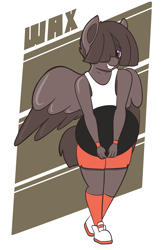 Size: 2452x3717 | Tagged: safe, artist:wax feather, imported from derpibooru, oc, oc only, oc:wax feather, anthro, pegasus, plantigrade anthro, armband, clothes, eyebrows, eyebrows visible through hair, feathered wings, femboy hooters, folded wings, grin, hair over one eye, looking at you, male, partially open wings, serving tray, shoes, shorts, smiling, smiling at you, socks, solo, tanktop, wings