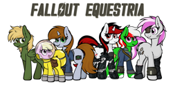 Size: 4036x2076 | Tagged: safe, artist:aaathebap, imported from derpibooru, oc, oc:blackjack, oc:hired gun, oc:littlepip, oc:murky, oc:puppysmiles, oc:wandering sunrise, cyborg, earth pony, pegasus, pony, unicorn, fallout equestria, fallout equestria: dead tree, fallout equestria: heroes, fallout equestria: murky number seven, fallout equestria: pink eyes, fallout equestria: project horizons, alternate mane six, cybernetic legs, fallout, fanfic art, female, filly, foal, group, group photo, simple background, standing, text, white background