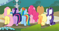 Size: 926x480 | Tagged: safe, artist:faceless jr, imported from derpibooru, applejack, fluttershy, pinkie pie, rainbow dash, rarity, twilight sparkle, earth pony, pegasus, pony, unicorn, applejack's hat, butt, cowboy hat, featureless crotch, female, hat, hooves, mane six, mare, outdoors, panorama, parody, plot, rear view, tail
