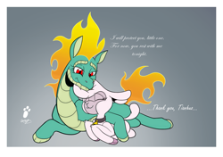 Size: 2079x1463 | Tagged: safe, artist:duragan, derpibooru exclusive, imported from derpibooru, dragon, hybrid, lamb, longma, sheep, them's fightin' herds, adorapom, bell, community related, cuddling, cute, duo, female, friendshipping, pom (tfh), resting, sibling love, sisterly love, sleeping, snuggling, tianhuaww, tianhuo (tfh)