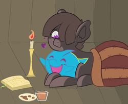 Size: 1480x1207 | Tagged: safe, artist:wax feather, imported from derpibooru, oc, oc:wax feather, ghost, pegasus, pony, undead, blanket, book, candle, chocolate, chocolate milk, cookie, food, male, milk, snuggling