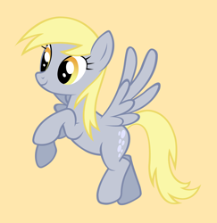 Size: 2412x2486 | Tagged: safe, artist:hoofmade, imported from derpibooru, derpy hooves, pegasus, pony, female, flying, full body, high res, hooves, mare, simple background, smiling, solo, spread wings, tail, underp, wings, yellow background