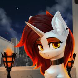 Size: 2000x2000 | Tagged: safe, artist:inowiseei, imported from derpibooru, oc, oc only, oc:blazing sheath, pony, unicorn, building, castle, chest fluff, ear fluff, female, lantern, mare, moon, palm tree, solo, tree, walls