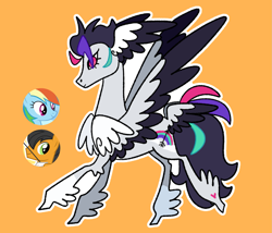 Size: 1817x1558 | Tagged: safe, artist:goatpaste, imported from derpibooru, rainbow dash, oc, pegasus, pony, butt wings, feathered fetlocks, offspring, orange background, outline, parent:rainbow dash, parent:sagittarius, sagittarius, simple background, white outline, wings