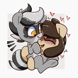 Size: 1500x1500 | Tagged: safe, artist:lou, imported from derpibooru, oc, oc only, oc:bandy cyoot, oc:louvely, earth pony, hybrid, pony, raccoon, raccoon pony, blushing, duo, eyes closed, floating heart, heart, holding a pony, hug