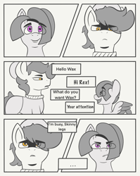 Size: 2974x3736 | Tagged: safe, artist:wax feather, imported from derpibooru, oc, oc:rex, oc:wax feather, earth pony, pegasus, pony, colt, comic, foal, male