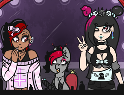 Size: 1300x1000 | Tagged: safe, artist:lazerblues, imported from derpibooru, oc, oc:bella, oc:hiki, oc:miss eri, satyr, ear piercing, fishnets, goth, mirror, offspring, parent:oc:miss eri, pastel goth, piercing