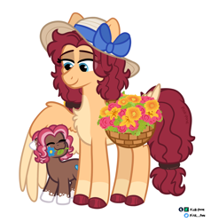 Size: 1900x2000 | Tagged: safe, artist:pink-pone, imported from derpibooru, oc, oc only, oc:ginger bread, oc:heather, earth pony, pegasus, pony, chest fluff, coat markings, earth pony oc, eyes closed, female, filly, flower, foal, hat, hoof polish, hooves, lidded eyes, mare, mouth hold, pegasus oc, signature, simple background, smiling, socks (coat markings), standing, tail, white background, wings