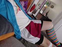 Size: 4608x3456 | Tagged: safe, imported from derpibooru, photographer:mr.sparkle, rainbow dash, twilight sparkle, alicorn, human, equestria girls, clothes, cosplay, costume, crossdressing, crossplay, irl, irl human, photo, rainbow socks, shorts, skirt, socks, solo, striped socks, twilight sparkle (alicorn)