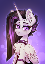 Size: 2480x3508 | Tagged: safe, artist:dandy, imported from derpibooru, princess celestia, alicorn, pony, between dark and dawn, bust, celestia is not amused, chest fluff, collar, ear fluff, ear piercing, eyeshadow, goth, high res, horn, looking at you, makeup, piercing, punklestia, solo, spiked collar, unamused, wings